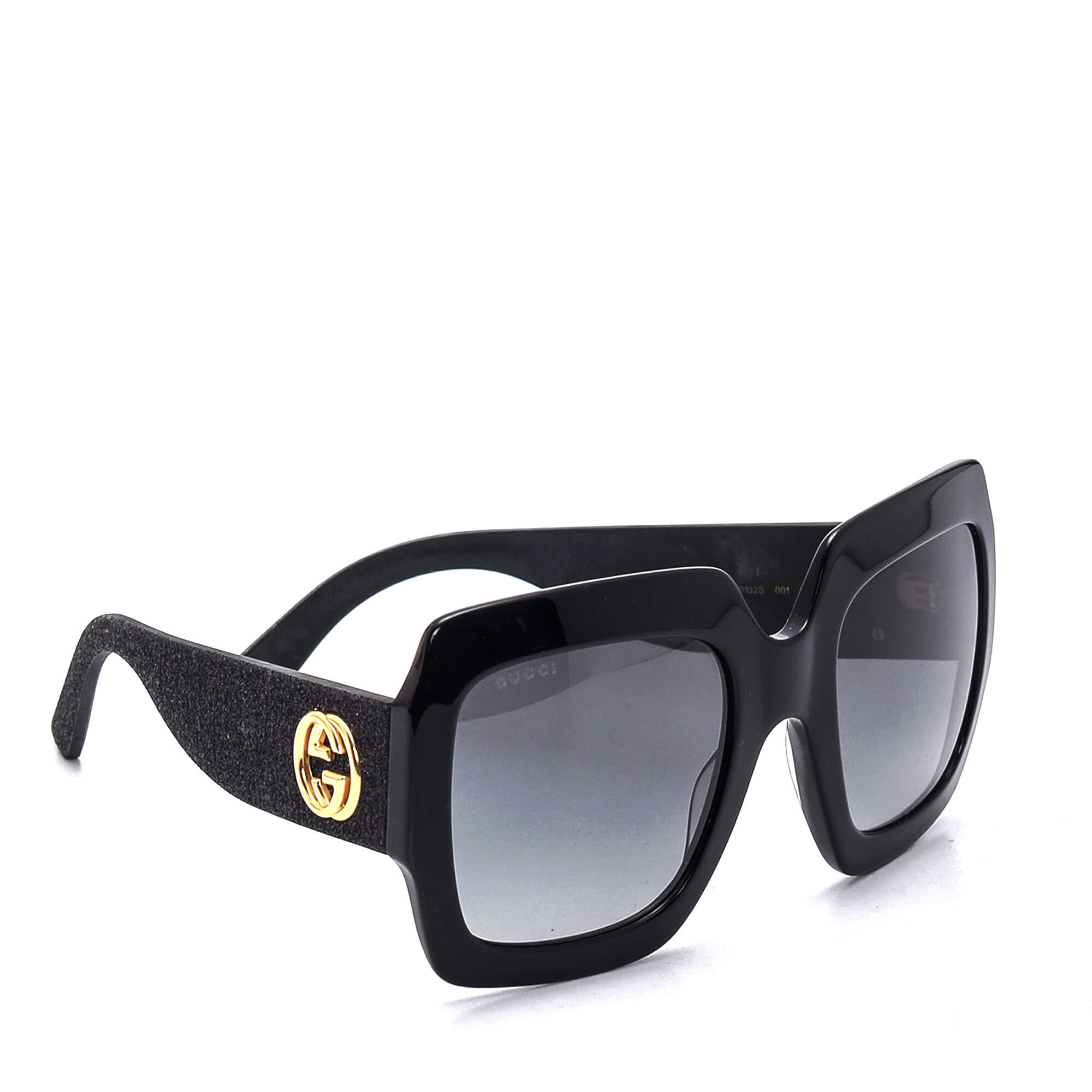 Gucci - Black Square Shiny Gold GG Sunglasses 